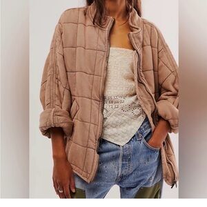 Free People Quilted Oversized Puffer Jacket in Taupe